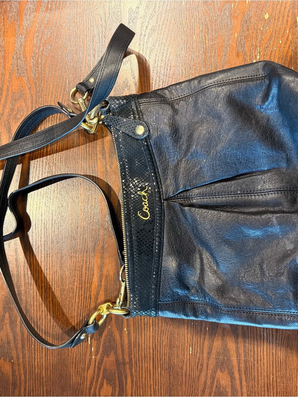 Coach Black Leather Shoulder Bag with Gold-Tone Hardware